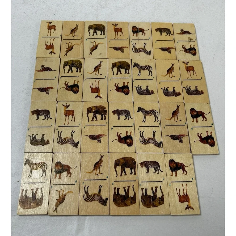Vintage Wooden African Animal Dominoes 27 Pieces With Wooden Box Case